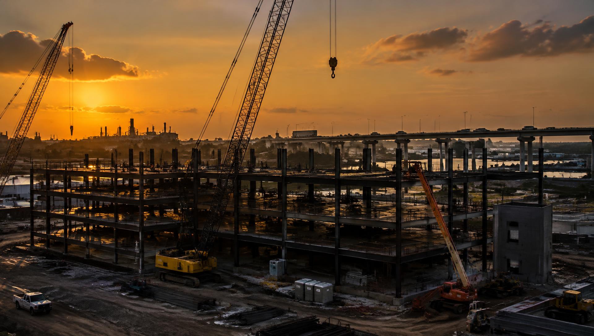 Commercial steel-frame construction site at dusk